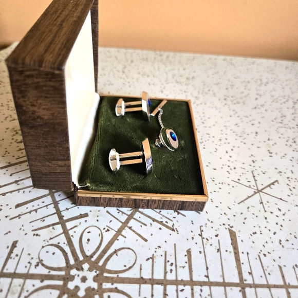 Vintage Sarah Coventry Blue Stone on Silver Tone Cufflink and Tie Tack Set - Picture 4 of 5